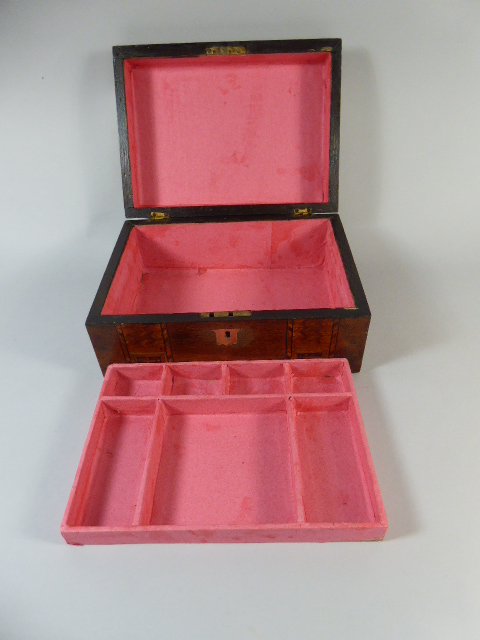 An Inlaid Banded 19th Century Work Box with Removable Tray and Brass Escutcheons. - Image 2 of 2