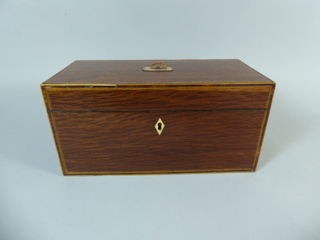 A Mid 19th Century Mahogany Two Division Tea Caddy with Rosewood String Inlay.