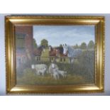 John Brian Evanson. A Gilt Framed Oil on Canvas of Farmyard Scene with Horses, Ewes and Lambs.