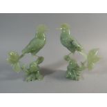 Two Green Agate Studies of Crested Birds on Naturalistic Branches.
