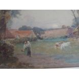 A Framed Water Colour Depicting Cattle and Figures in Evening Meadow,