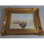 A Gilt Framed Water Colour of Fishing Boat Unloading in Harbour Signed Herbert Marshall 1906