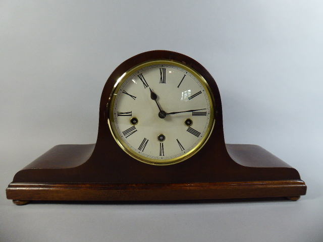 An Edwardian Mahogany Napoleon Hat Westminster Chime Mantle Clock,