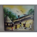 A Mounted but Unframed African Oil Depicting Village Life