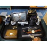 A Tray of 1960's Curios to Include Alarm Clock with Clockwork Movement, Wristwatches,