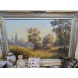 A Large Frame Oil on Canvas Depicting Harvest Corn Field with Children and Cart,