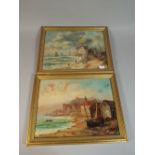 A Pair of Framed Oils on Canvas Depicting Seaside Harbours,