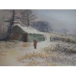 A Framed Water Colour Depicting Winter Landscape with Barn and Figure