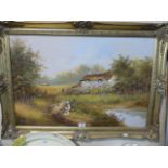 A Farmed Oil on Canvas Depicting Children Feeding Rabbits and Poultry In Front of Thatched Cottage,