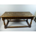 A Good Quality Carved oak Rectangular Stool on Turned Supports,