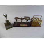 A Collection of Vintage Desk Sundries to Include Letter Press, Postage Scales and Stationery Rack.