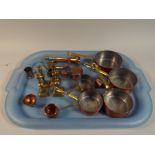 A Graduated Set of Five Miniature Copper Saucepans with Brass Handles Together with Other Brass and