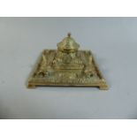 A Brass Square Desk Top Inkstand/Pen Rest with Moulded Decoration.
