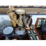 A Tray of Sundries to Include Resin Oriental Figures, Oak Biscuit Barrel, Carved Eagle,