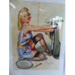 A Vintage American Poster, Girl In Suspenders Removing Tyre,