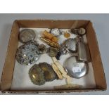 A Tray of Curios to Include Decanter Labels, Pocket Watches, Powder Compact,