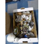 A Tray Containing Various Figural and Animal Ornaments, Mugs,