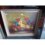 Gilt Framed Oil on Canvas, Still Life Flowers,