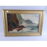 A Gilt Framed Oil on Board Depicting Waves Breaking on Cliffs,
