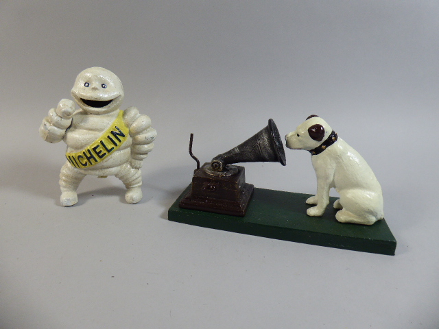 A Reproduction Cast Metal Michelin Man with Dog and Record Player,