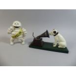 A Reproduction Cast Metal Michelin Man with Dog and Record Player,