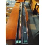 A Cased Woods Snooker Cue with Extender and Chalk