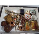 A Box of Curios to Include Russian Icons, Miniature Silver Plate Tea Service, Ornaments, Stud Box,