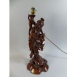 An Oriental Carved Root Wood Figural Table Lamp in the Form of Fisherman with Fish,
