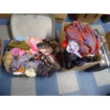 Two Suitcases and Box Containing Vintage Clothes and Scarves