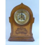 A Late Victorian Walnut and Oak String Inlaid Mantle Clock with Replacement Battery Movement,