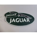 Two Reproduction Oval Cast Metal Jaguar Signs, Largest 35cm Wide,