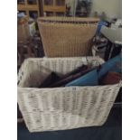 A Wicker Box Containing Leather Pieces Together with a Wicker Linen Box Containing Christy Towels