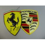 Two Reproduction Wall Mounting Cast Metal Shields for Ferrari and Porsche,