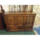 An Early Oak Three Panel Coffer Chest with Hinged Four Plank Lid and Dummy Drawer Panels to Base