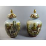 A Pair of Large Continental Hand Painted Ceramic Lidded Vases Depicting Highland Lake and Watermill