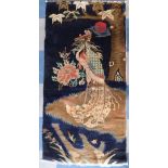 A Chinese Woven Rug Depicting Peacock Beside Tree Looking Up to the Moon.