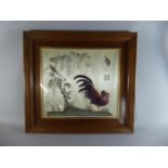 A Framed Oriental Silk Embroidery Depicting Cockerel Beside Tree. Signed.