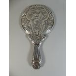 An Edwardian Silver Dressing Table Hand Mirror Decorated with Nouveau Maiden, Tulips and Poppies.