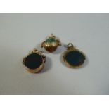 A Collection of Three 9ct Gold Fobs to Include Compass, Bloodstone and Two Stone Globe.