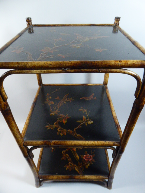 A Chinoiserie Three Tier Bamboo and Lacquer Stand Decorated with Gilt Birds and Trees. - Image 2 of 3