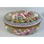 A Large Oval 19th Century Naples Porcelain Box Decorated in Relief with Diana Being Attended By