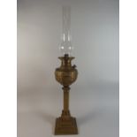 A Victorian Brass Ribbed Column American Oil Lamp on Stepped Square Base (Chimney but no Shade)