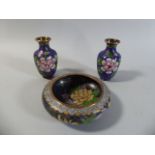 A Pair of Chinese Cloisonne Vases. 11cm High and a Small Shallow Bowl 13cm Wide.