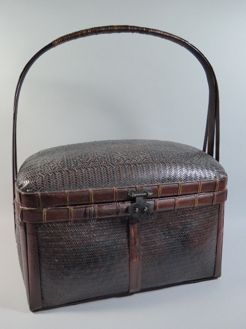 A Vintage Chinese Woven Cane and Bamboo Basket with Ring Hinged Lid and Removable Tray,