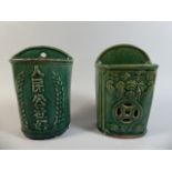 Two Chinese Green Glazed Stoneware Wall Pocket Vases with Draining Holes.