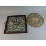 A 19th Century Two Handled Oak Framed Tray with Chinese Embroidered Silk Panel Under Glass