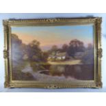 A Gilt Framed Large 19th Century Style Oil on Canvas Depicting River Scene with Figures and