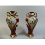 A Pair of Hand Painted Early 20th Century Vases in Maroon and Gilt with Bird and Floral Cartouches.
