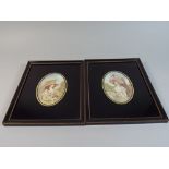 A Pair of Finely Woven Silk Embroidery Oval Depicting Maidens with Bonnets and Fans,