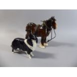 A Beswick Black and White Border Collie together with Beswick Shire Horse in Harness